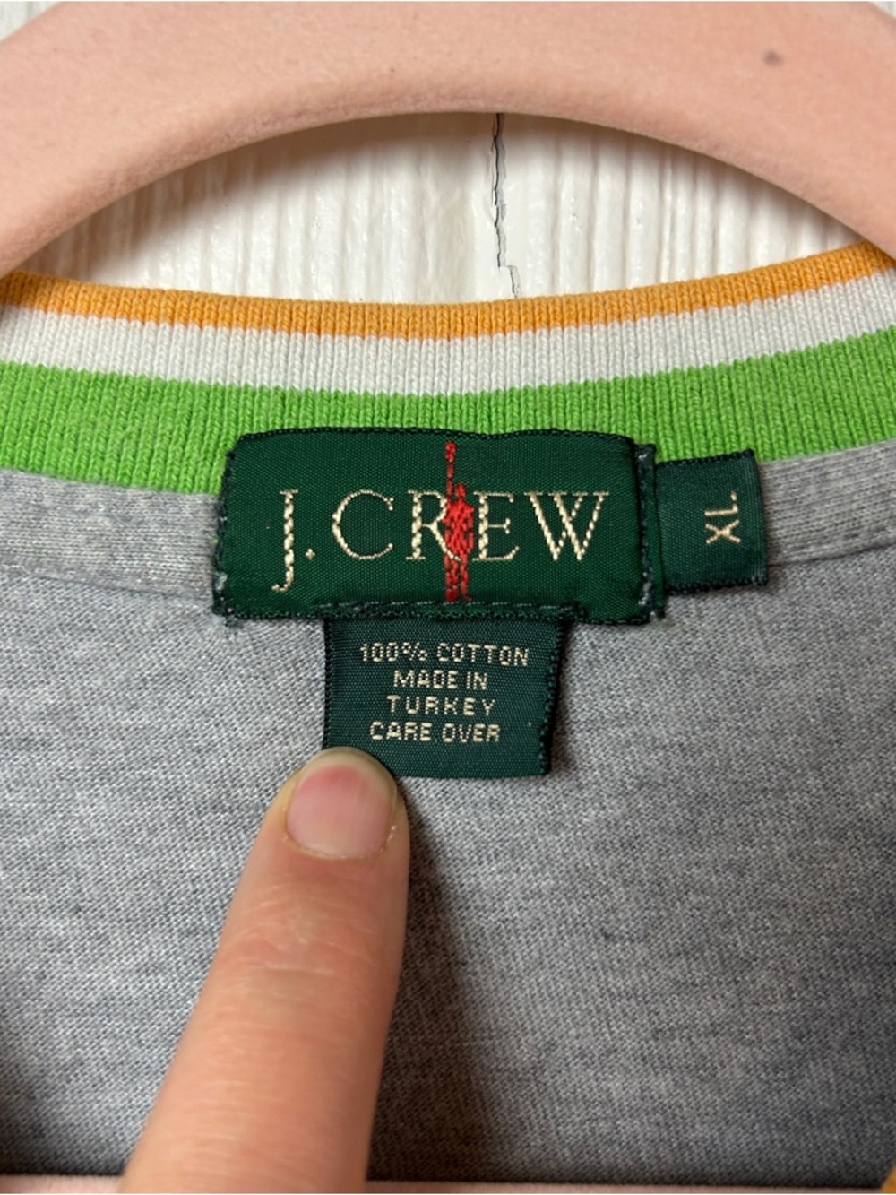 J.Crew Vintage Gray V-Neck Tee with Green & Orange Trim 100% Cotton Size XL - Picture 3 of 6